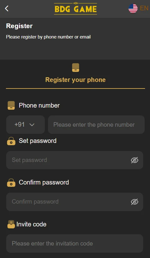 BDG Win registration page
